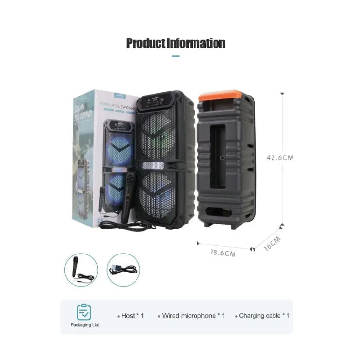 Portable speaker with packaging, dimensions, and accessories on a white background