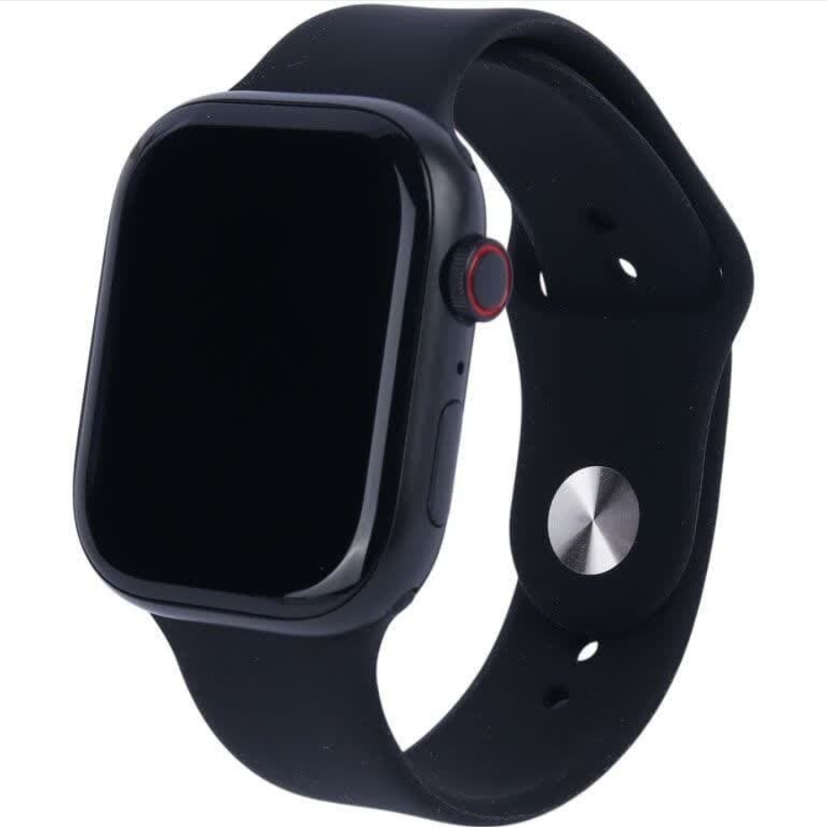 Black smartwatch with a black band on a white background