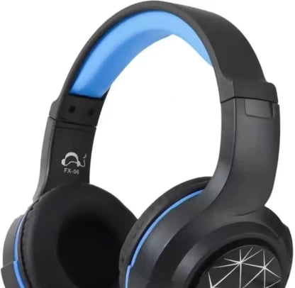 Black gaming headset with blue accents on a white background