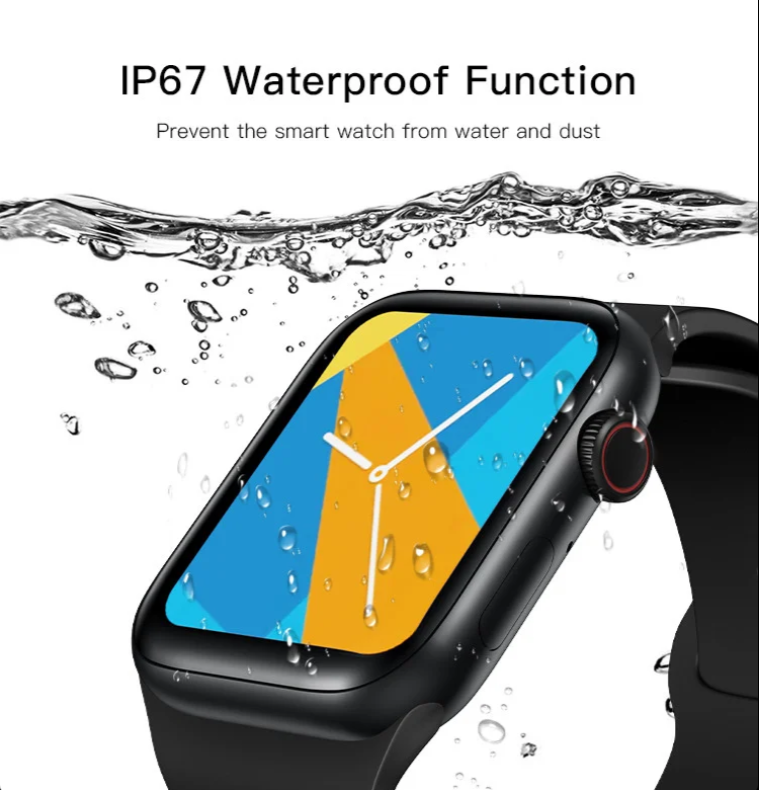 Smartwatch with water resistance feature, showing water droplets on screen.