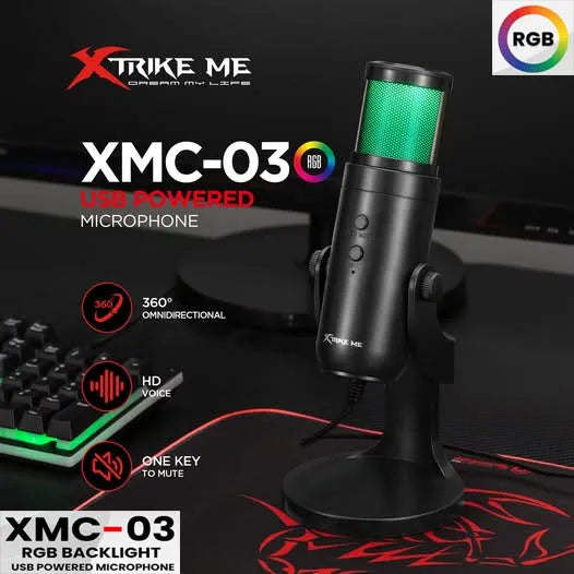 Xtriek Me XMC-03 USB-powered microphone with RGB backlight on a dark surface.