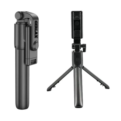 Black selfie stick with built-in microphone on a white background