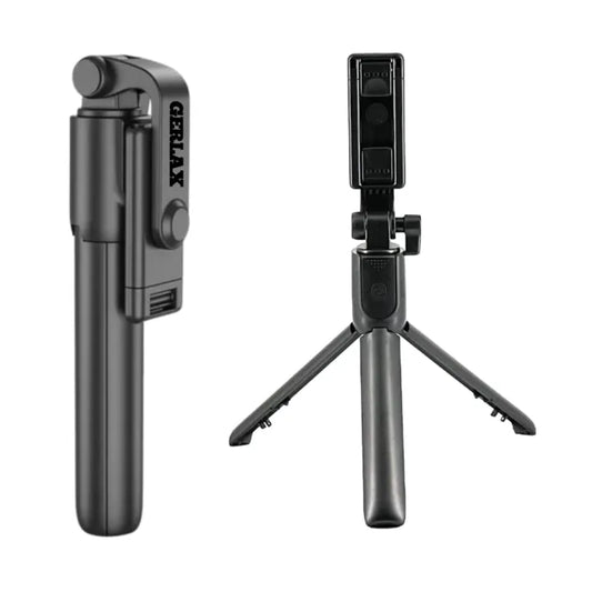 Black selfie stick with built-in microphone on a white background