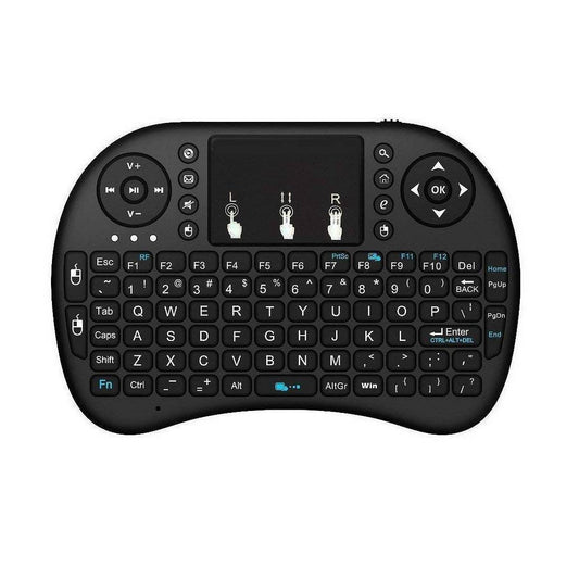 Black wireless keyboard with touchpad on a white background