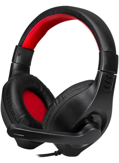 Black gaming headset with red accents on a white background