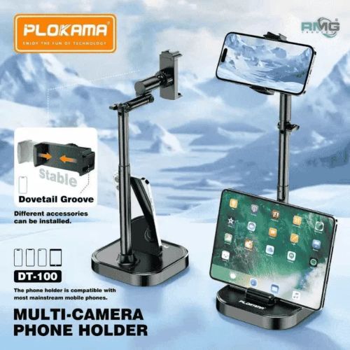 Multi-camera phone holder with smartphone and tablet on a snowy mountain background, featuring Plokama branding.