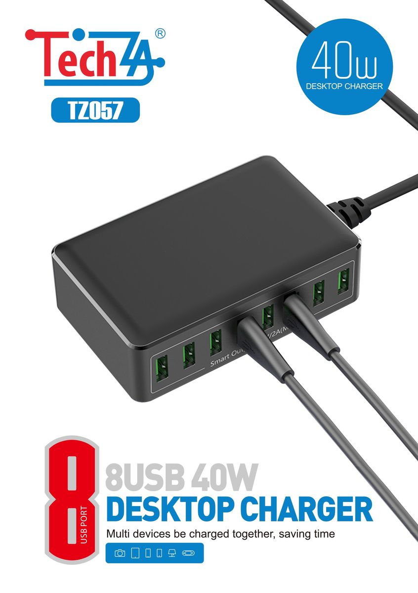 8-USB 40W desktop charger with TechZA branding on a white background
