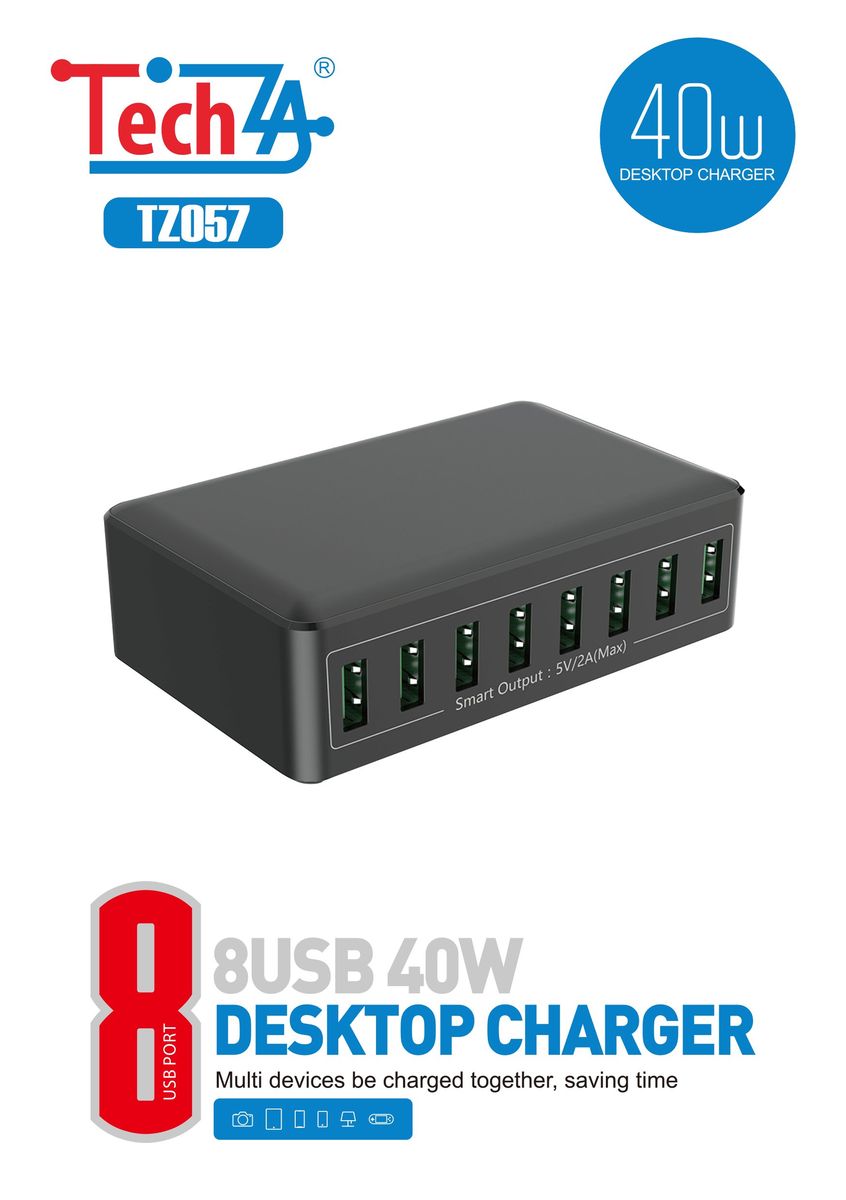 8-USB 40W desktop charger with TechZA branding on a white background