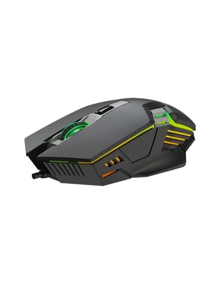 Gaming mouse with a gray and black design on a white background