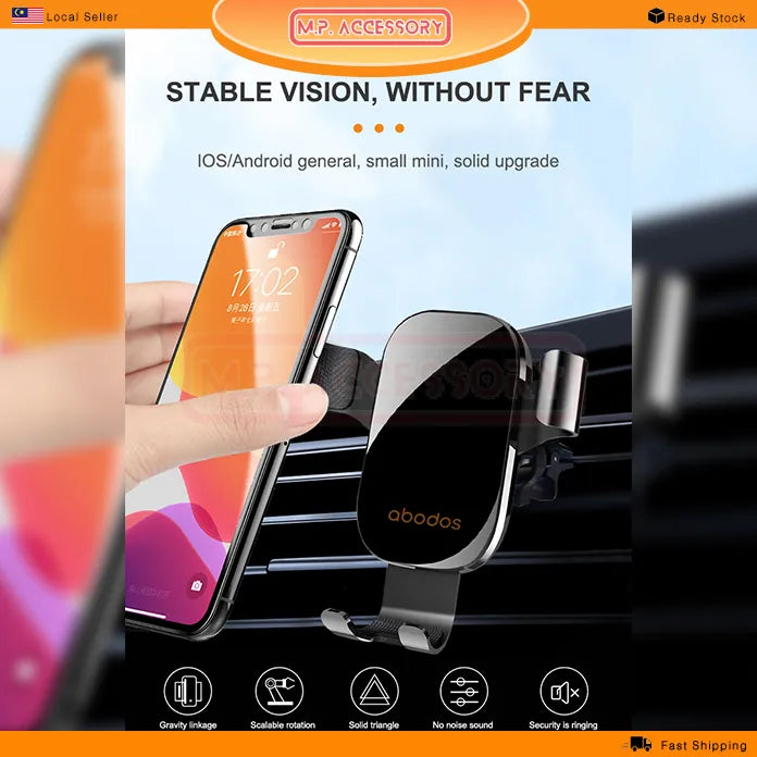 Car phone holder with smartphone displaying '17:02' on a blue background, featuring the brand 'obodos'.