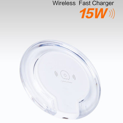 Wireless fast charger with '15W' text on a white background