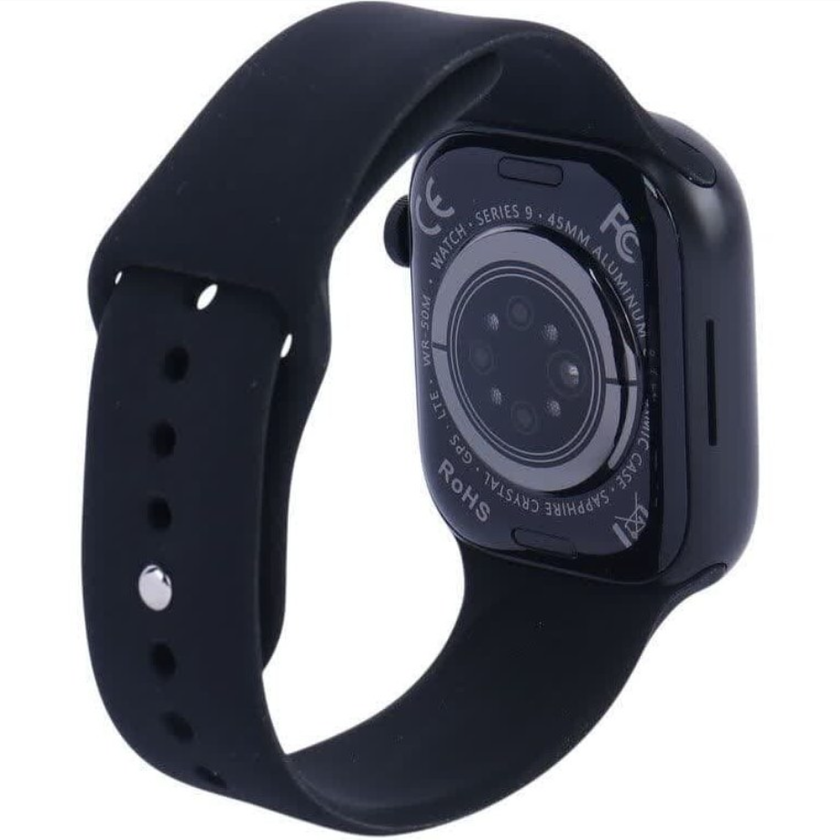 Black smartwatch with a focus on the back design on a white background