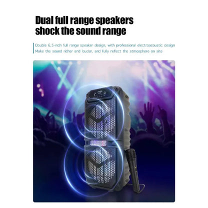 Portable speaker with dual full range speakers on a dark background with colorful lights and silhouettes of people.