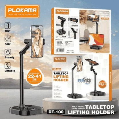 Tabletop lifting holder with PLOKAMA branding and product details on a scenic background