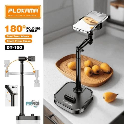 PLOKAMA phone holder with 180-degree folding angle on a kitchen counter with lemons.