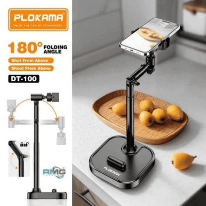 PLOKAMA phone holder with 180-degree folding angle on a kitchen counter with lemons.