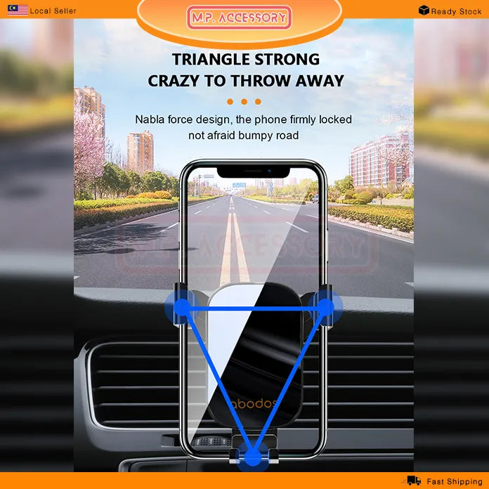 Phone holder with triangle design on a car dashboard, road in the background