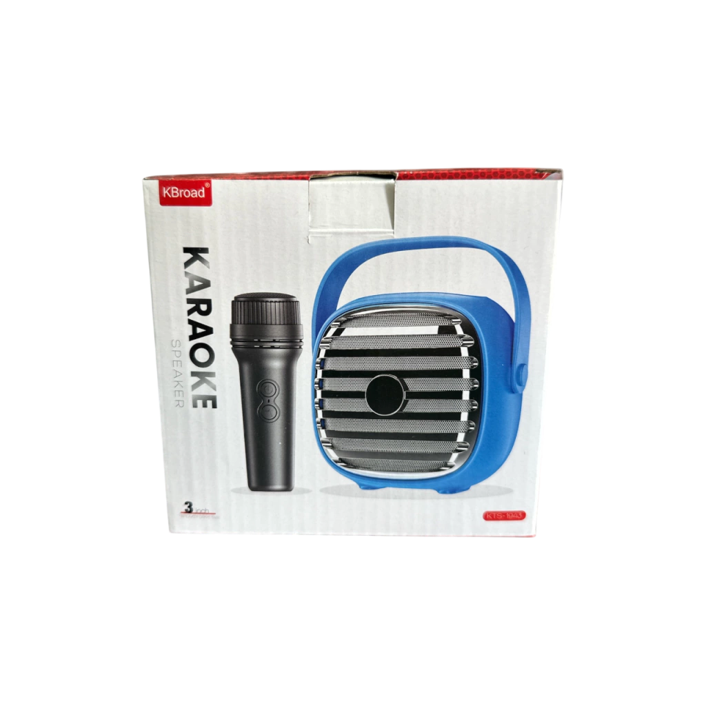 KBase Karaoke microphone and speaker set packaging on a white background