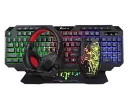 Keyboard and gaming headset with colorful backlighting on a black stand
