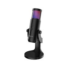 Black USB microphone with RGB lighting on a white background