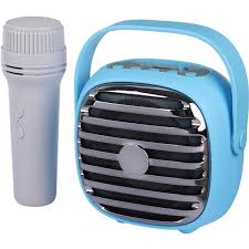 Blue handheld speaker with a gray microphone on a white background