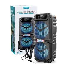 Portable outdoor speaker with blue lights and packaging on a white background