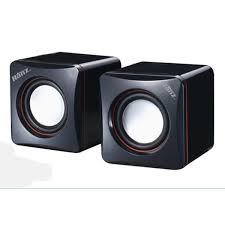 Black computer speakers on a white background