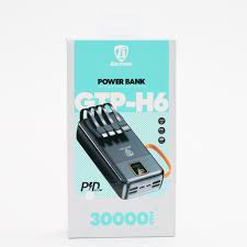 Power bank packaging with brand logo on a light blue background