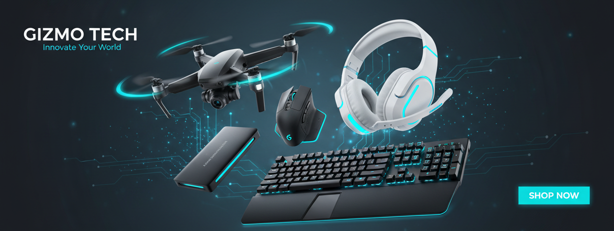 Gizmo Tech promotional banner with gaming accessories including a keyboard, mouse, headset, and drone on a dark background.