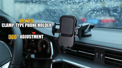 Clamp-type phone holder on a car dashboard with raindrops on the windshield.