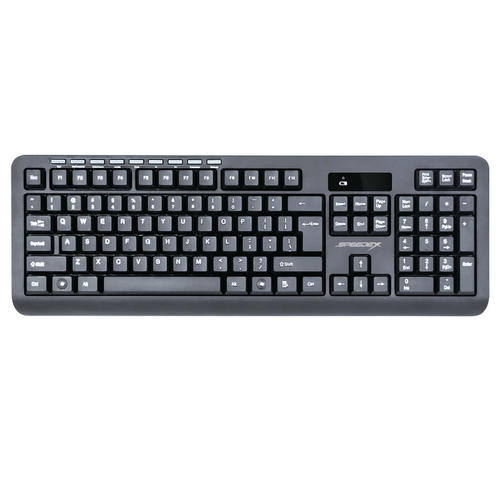 Black keyboard with visible brand logo on a white background