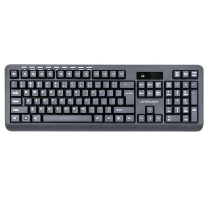 Black keyboard with visible brand logo on a white background