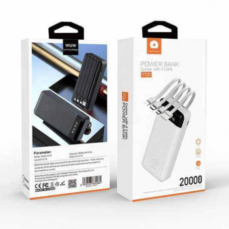 Two power bank packaging boxes with product images and specifications on a white background