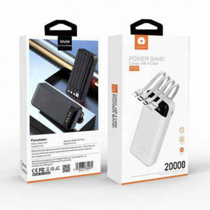Two power bank packaging boxes with product images and specifications on a white background