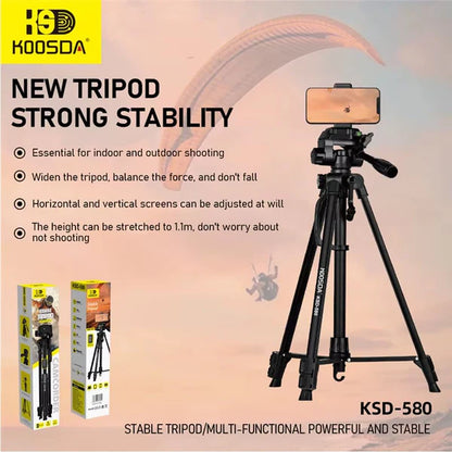 Koosda tripod with smartphone holder on a desert background, featuring product details.