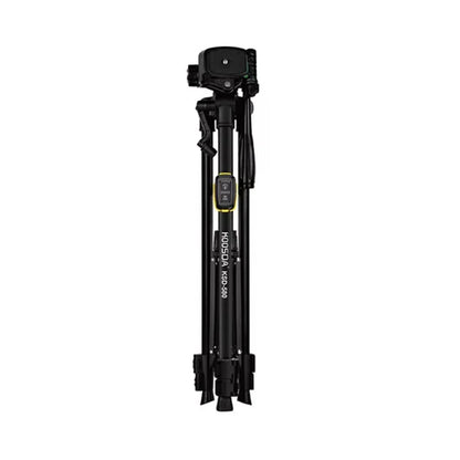 Black camera tripod with brand name on a white background