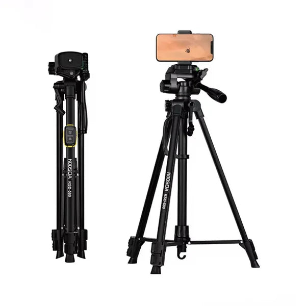 Two camera tripods with smartphone holders on a white background
