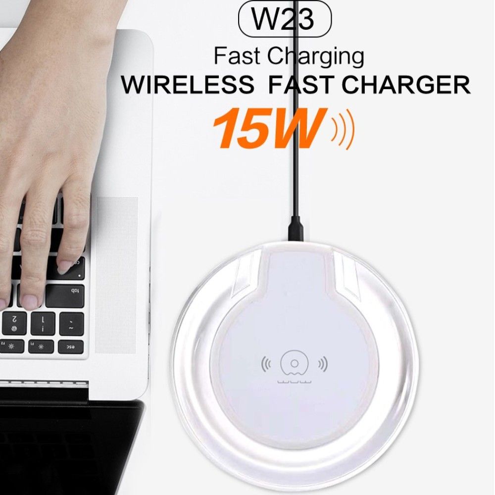 Wireless fast charger with text indicating 'W23 Fast Charging' and '15W' on a white background.