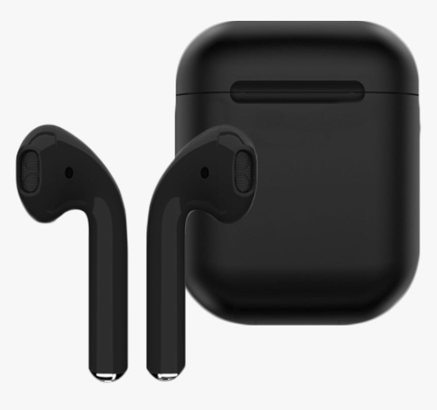 Black wireless earbuds with charging case on a white background