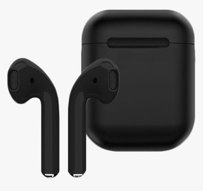 Black wireless earbuds with charging case on a white background
