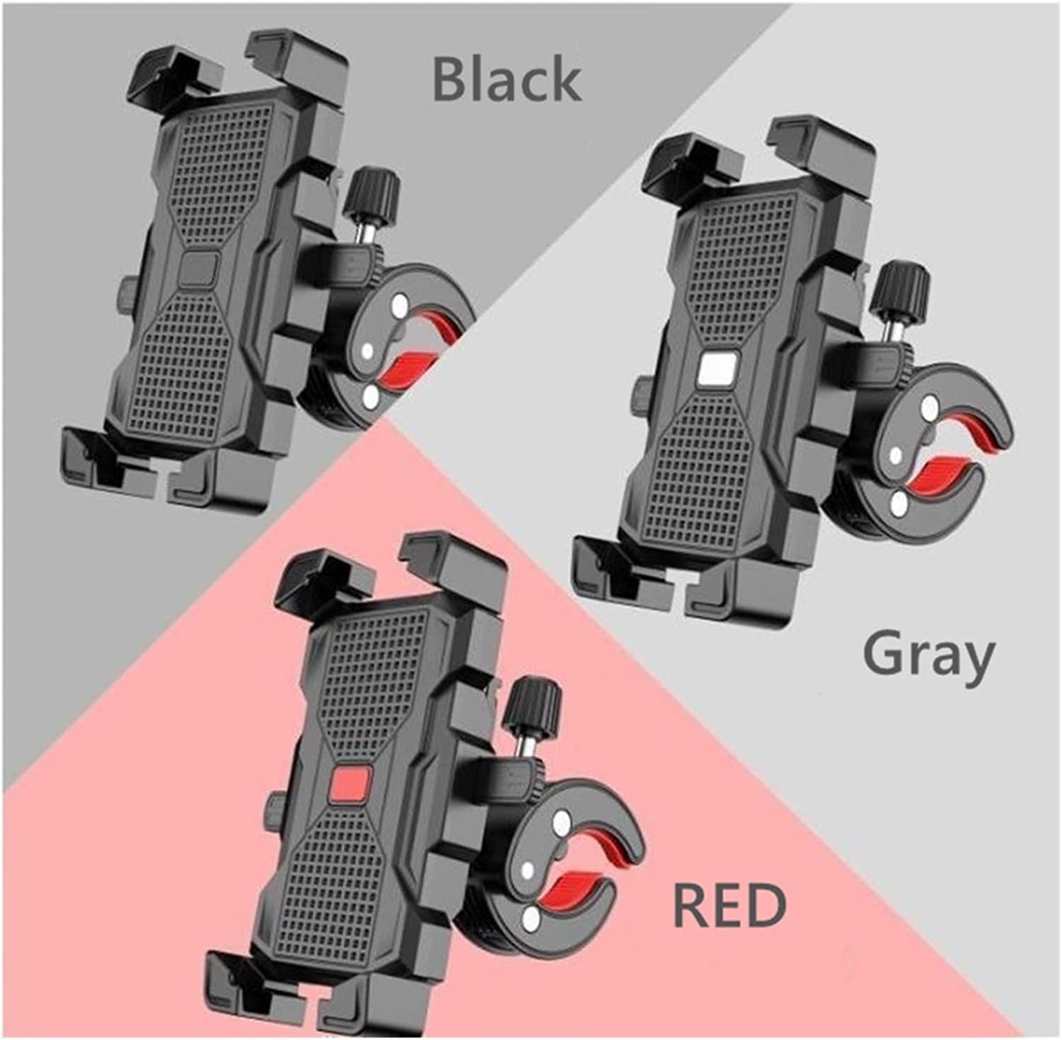 Three phone holders in black, gray, and red on a color-blocked background.
