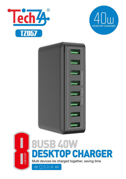 8-USB 40W desktop charger with TechZA branding on a white background