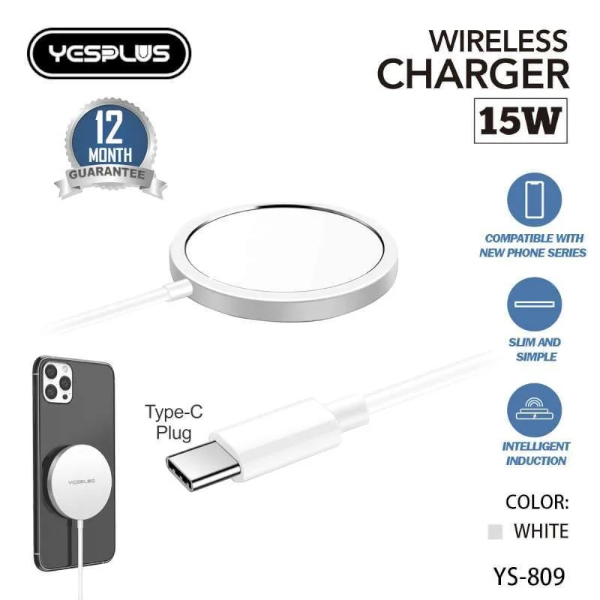 Wireless charger with cable and phone attachment, featuring Yesplus branding and specifications.