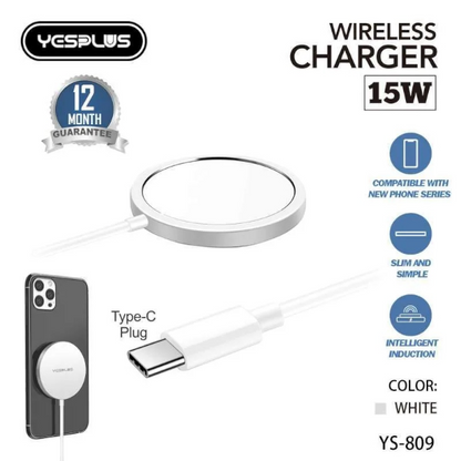 Wireless charger with cable and phone attachment, featuring Yesplus branding and specifications.