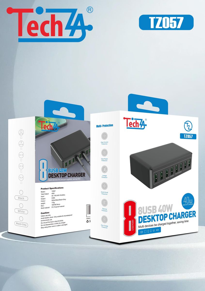 Tech4 USB desktop charger packaging with visible branding on a light gray background