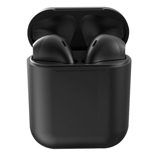 Black wireless earbuds in a charging case on a white background