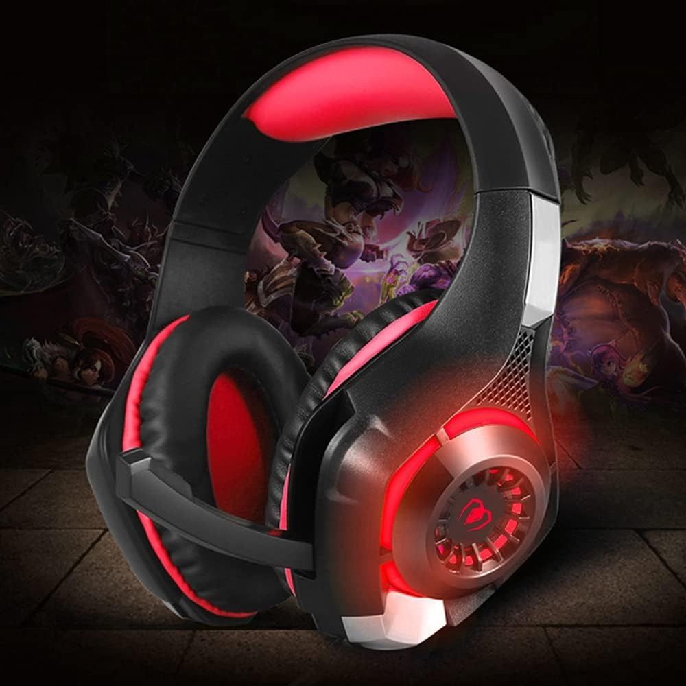 Gaming headset with red LED lights on a dark background