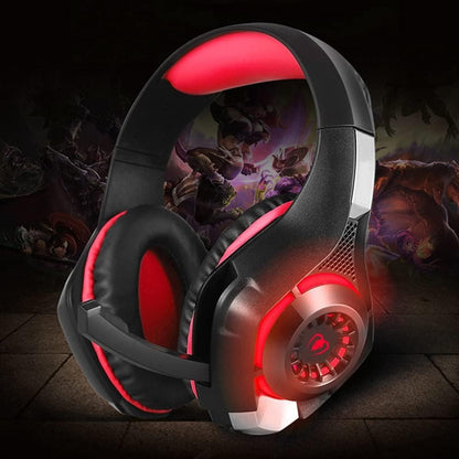 Gaming headset with red LED lights on a dark background