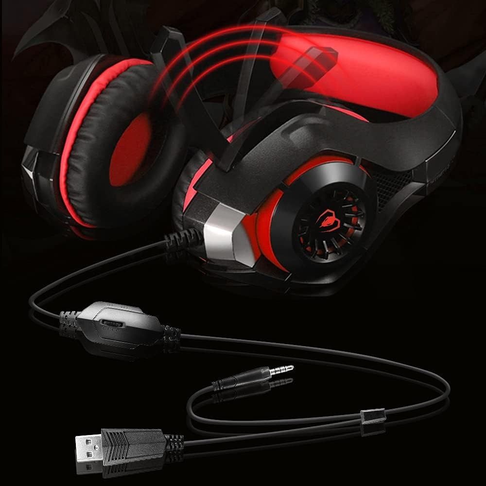 Black and red gaming headset with USB cable on a black background