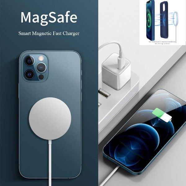 MagSafe smart magnetic fast charger with smartphone and charging dock on a dark background